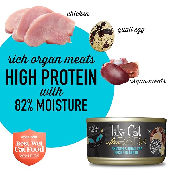 TIKI CAT AFTER DARK, CHICKEN & QUAIL EGG, HIGH-PROTEIN AND 100% NON-GMO INGREDIENTS, WET CAT FOOD FOR ADULT CATS, 2.8 OZ. CAN (12 COUNT)
