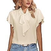 Rooscier Women's Bow Tie Neck Ruffle Short Sleeve Vintage Retro Work Blouse Top