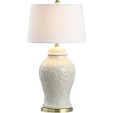 JONATHAN Y 29.5" Cream Ceramic Chinoiserie Table Lamp, Traditional Ginger Jar Lamp for Living Room Bedroom, White Linen Empir
