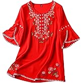 Ashir Aley Mexican Shirts Peasant Blouses Cotton Embroidered 3/4 Sleeve Bohemian Tops Boho Clothes for Women Summer Fiesta