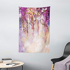 Ambesonne Japanese Tapestry, Floral Country Style Watercolor Japanese Garden Flowers with Rain Backdrop, Wall Hanging for Bedroom Living Room Dorm Decor, 40" X 60", Purple Peach