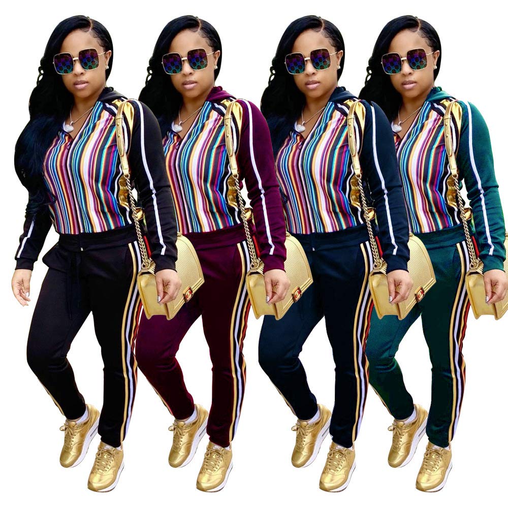 Women\'s Rainbow Stripe Sweatsuits - Fashion Front Zip up Hoodied Jogging Suits Medium Black