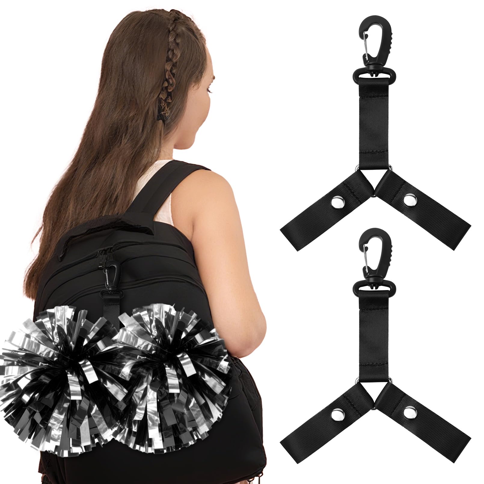 Photo 1 of 2 PCS Pom Pom Holder Hanger with Snap Button for Backpack Cheerleader Team Tags Cheer Bag Strap Accessories Cheerleading Essentials (Black)