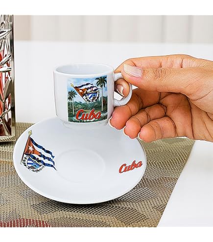 12-Piece Cuban Espresso Cup & Saucer Set – 2oz / 6 Tacitas, Porcelain, White With Cuban Flag