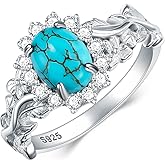 DOLIOX 8x6MM Genuine Turquoise Stone Rings, Sterling Silver Nature Native American Western Jewelry Gemstone Leaf Ring for Women