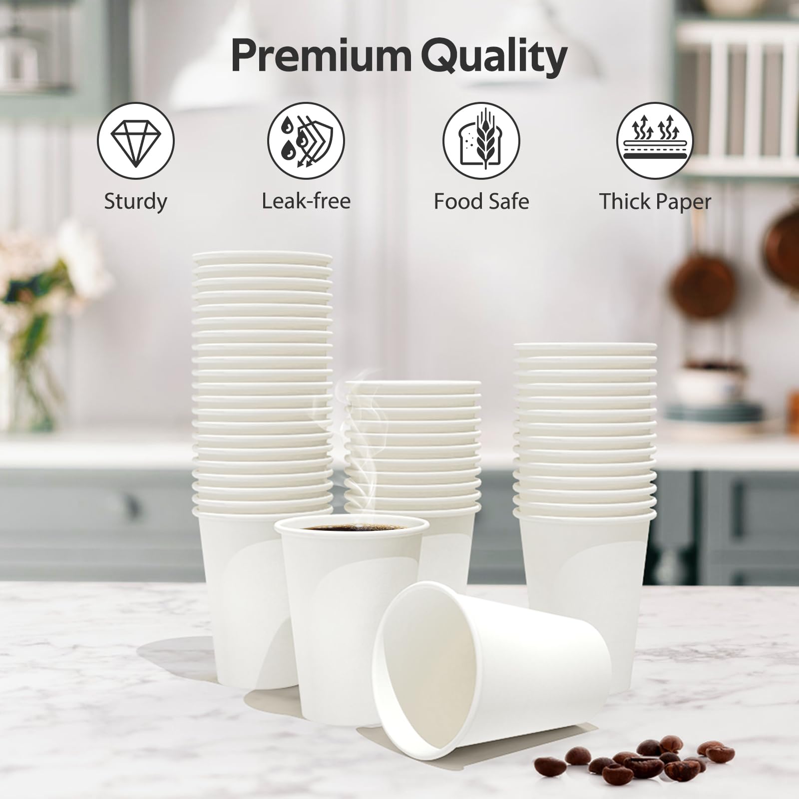 Dealusy 100 Count 12 oz Coffee Cups, Leak-Free Food Safe Paper Cups 12 oz, Disposable 12oz White Paper Cups for Cold and Hot Drinks