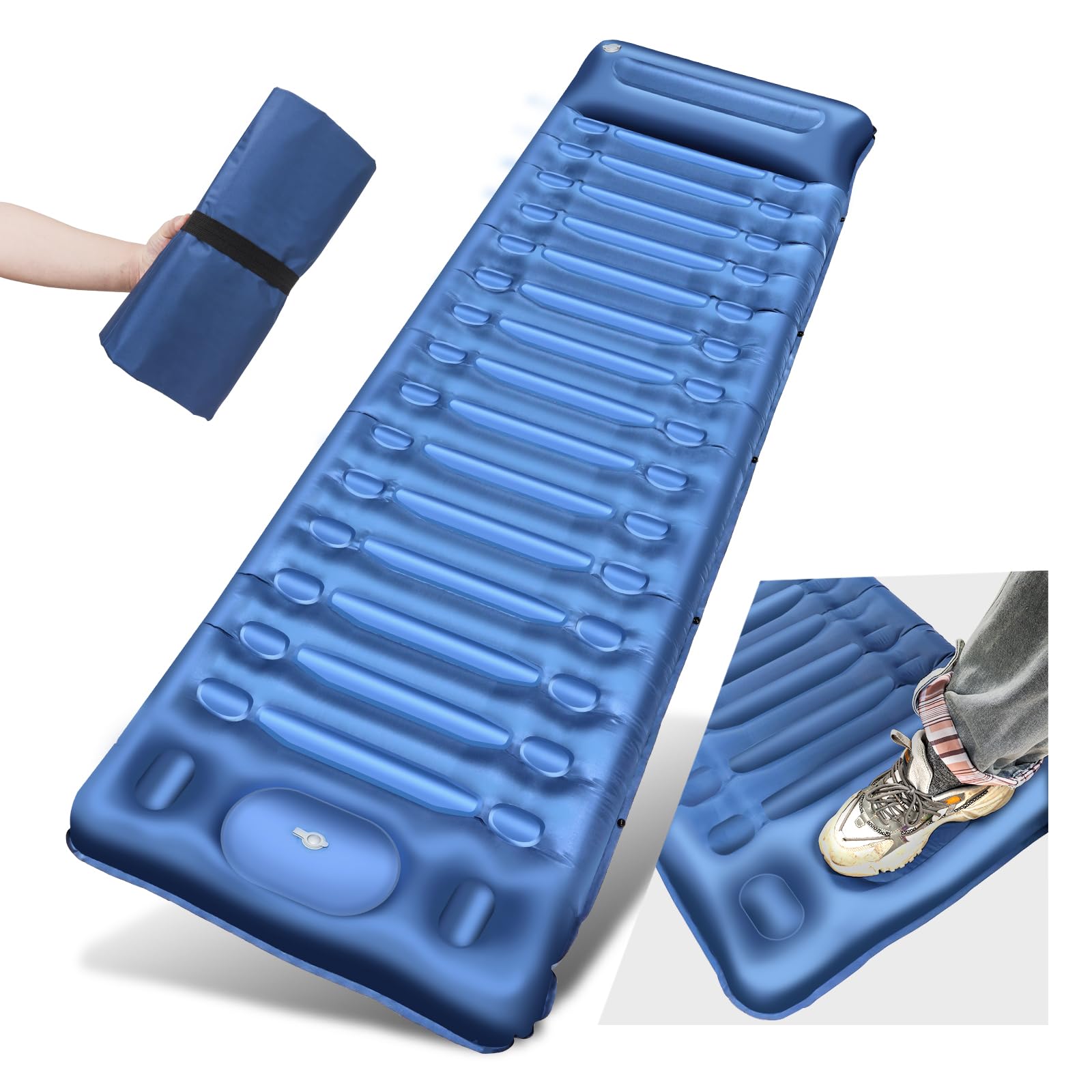 BLUEVER Camping Mattress, 14 cm Thick Self-inflating Outdoor Sleeping Pad with Foot Pump, Waterproof and Durable Air Mattress for Hiking, Backpacking