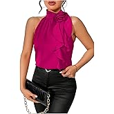 RoseSeek Women's Summer Halter Tops Floral Appliques Sleeveless Work Shirts Blouses for Women Dressy Casual