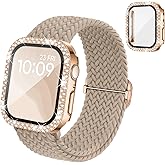 Braided Stretchy Band Compatible for Apple Watch Bands for Women and Case 40mm 41mm 42mm 44mm 45mm 46mm, Solace Solo Loop Bling Diamond Screen Protector Cover for iWatch Series 11 10 9 8 7 SE 6 5 4