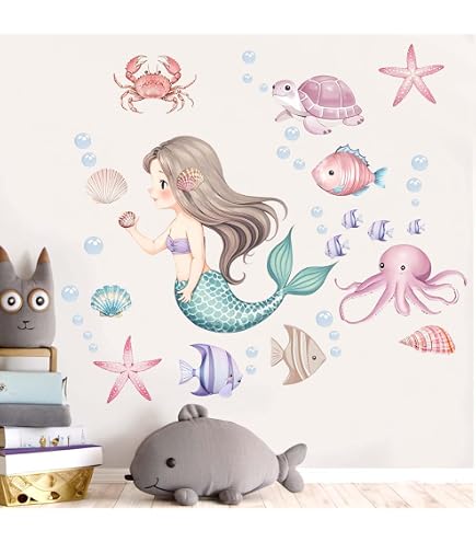 RoyoLam Mermaid Wall Decals - Removable Under The Sea Vinyl Stickers For Kids' Rooms (Peel & Stick)
