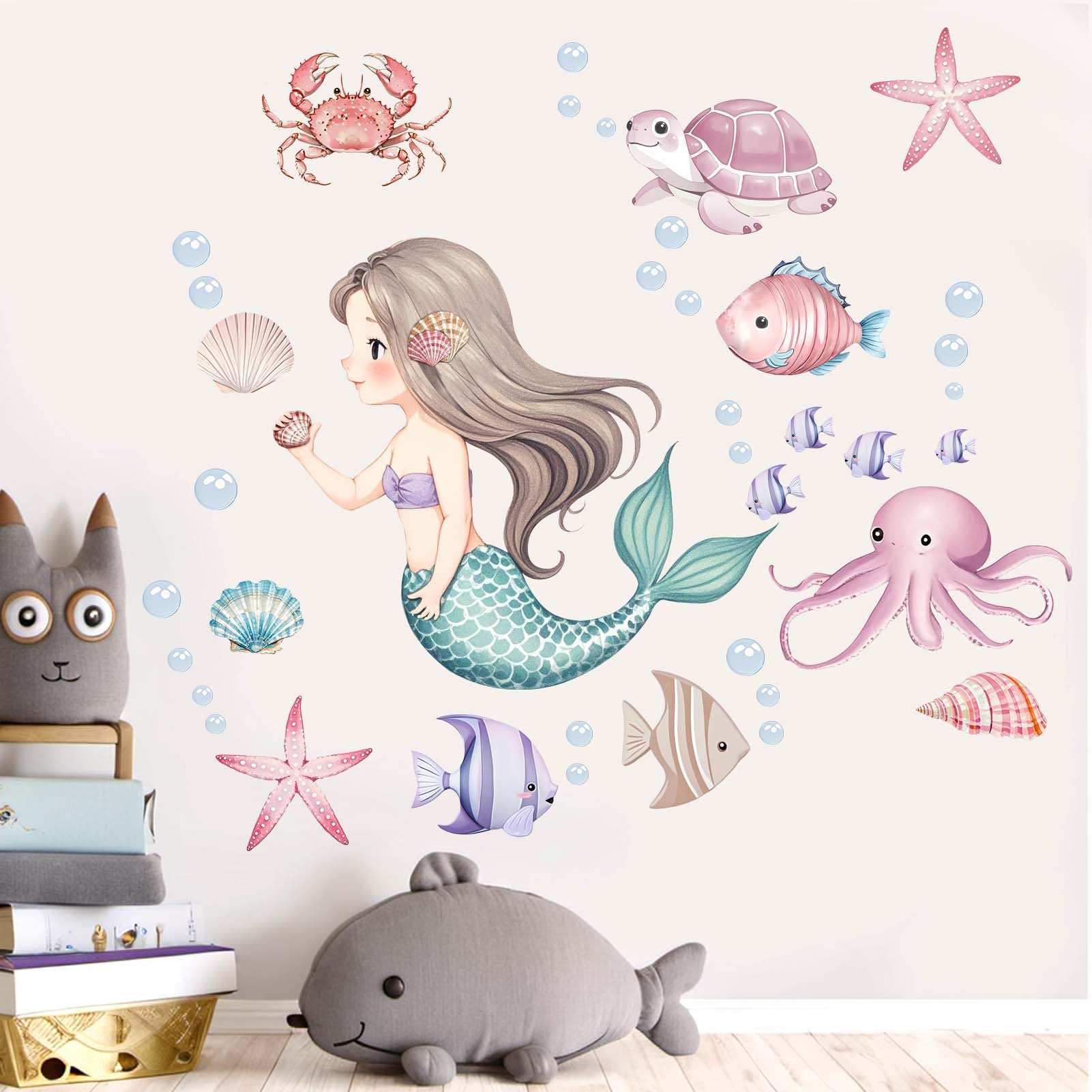 Photo 1 of Mermaid Wall Stickers for Girls Bedroom: Peel and Stick Under The Sea Turtle Marine Ocean Fish Starfish Shell Wall Decals - Baby Nursery Girl Room Toddler Room - Kids Supplies Ages 1-12 Year