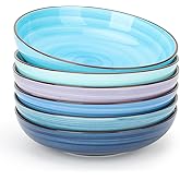 KitchenTour Ceramic Pasta Bowls - Large Salad Bowls Porcelain Serving Bowl Set 26 Ounce - 8 Inch Soup Bowl - Dishwasher and Microwave Safe - Set of 6, Assorted Cool Colors