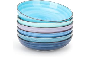 K KITCHENTOUR KitchenTour Ceramic Pasta Bowls - Large Salad Bowls Porcelain Serving Bowl Set 26 Ounce - 8 Inch Soup Bowl - Dishwasher and Microwave Safe - Set of 6, Assorted Cool Colors