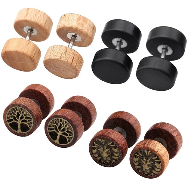 Zysta 4 Paare 1.2mm Sono Holz Ohrstecker Set Fake Herren Damen Ohrstecker Fake Tunnel Plug Cheater Illusion Baum des Lebens T