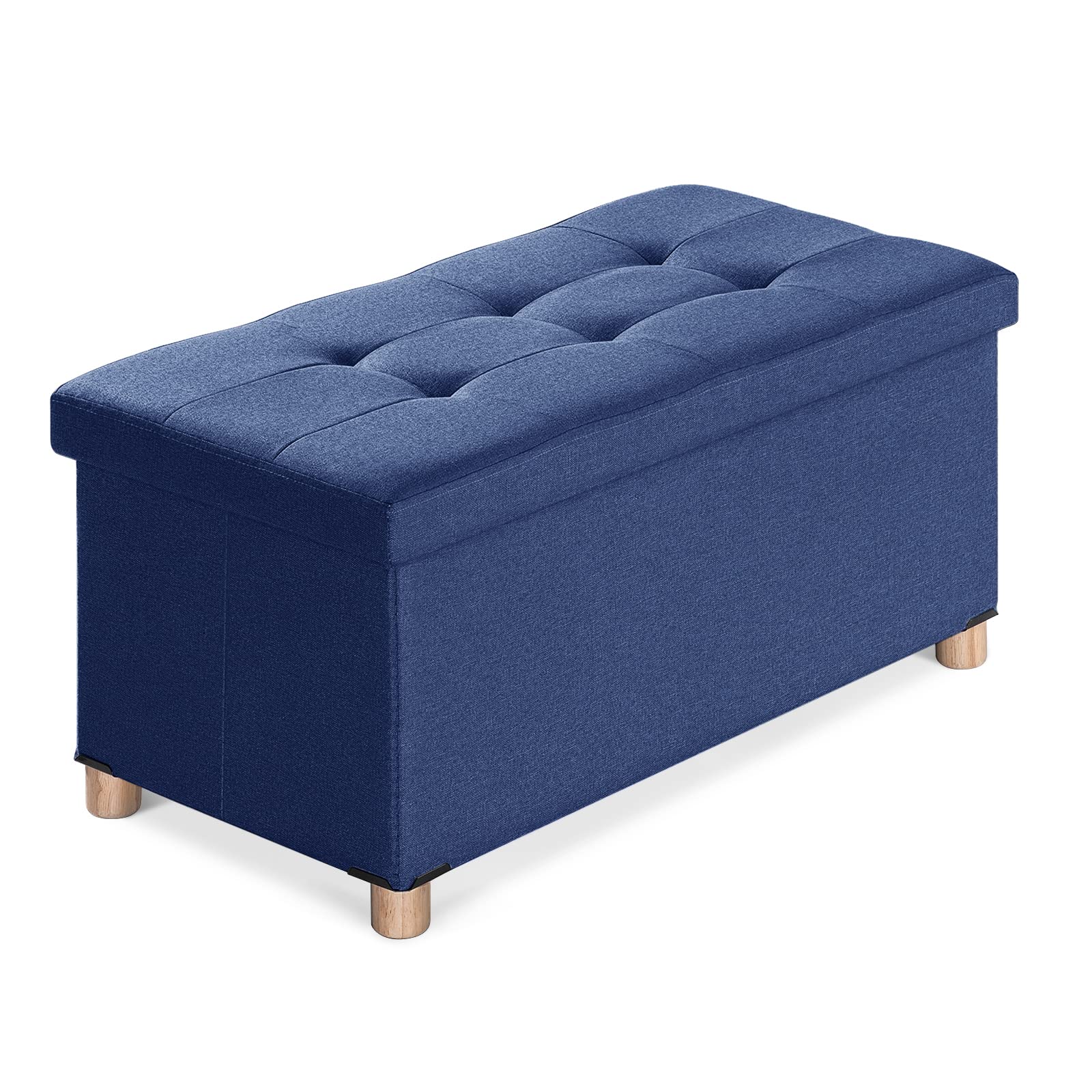 BRIAN & DANY Ottoman Storage Box with 4 Wood Legs, Linen Storage Ottoman for Living Room, Blue, 76 x 38 x 38 cm
