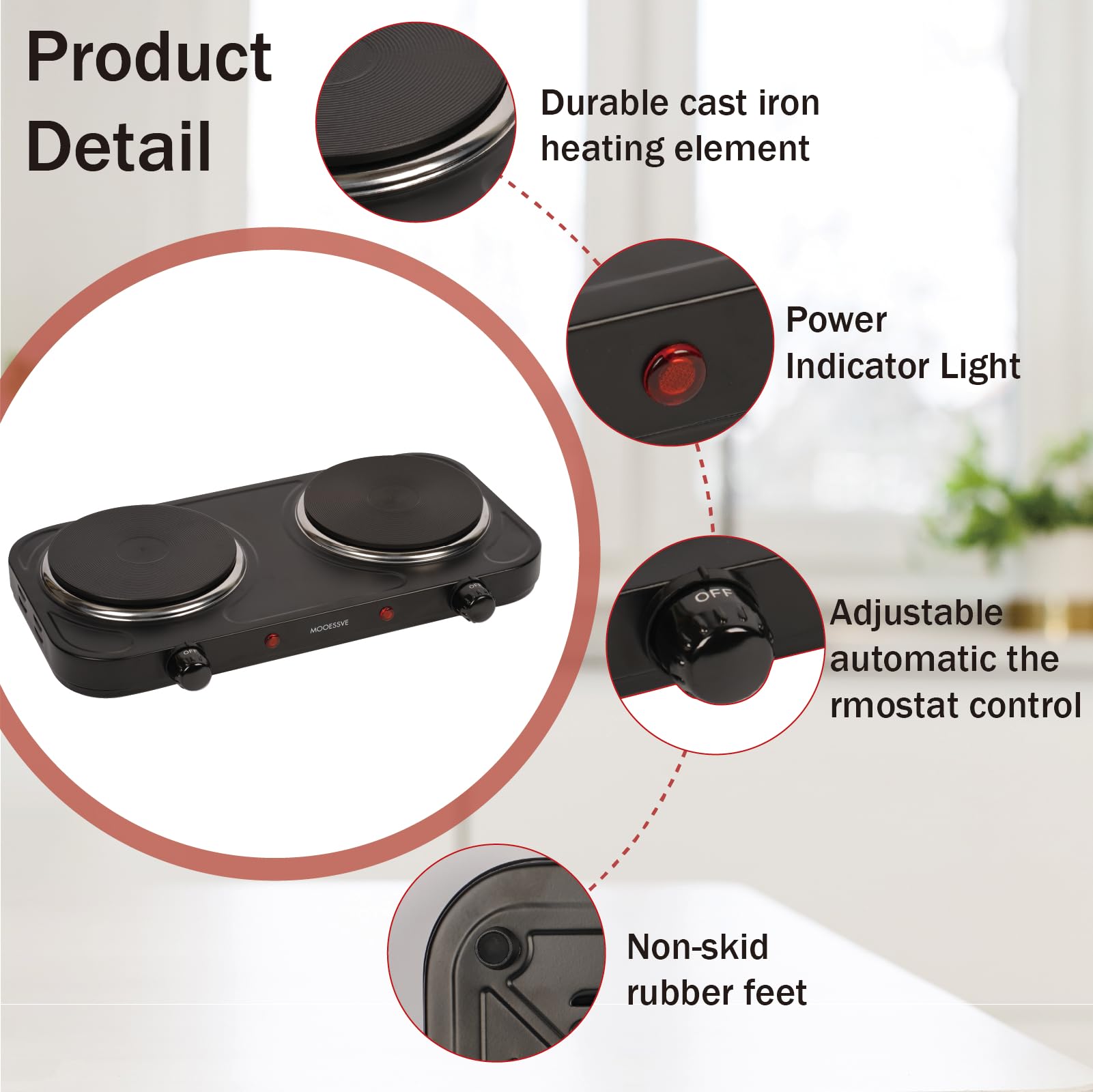 Countertop Double Cast Iron Burner 1800 Watts Electric Hot Plate with Adjustable Temperature 6.1