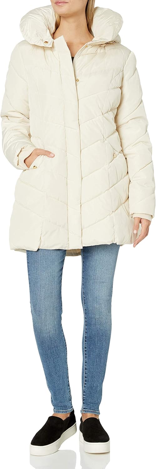 Steve Madden Women's Long Chevron Quilted Outerwear Jacket: Clothing
