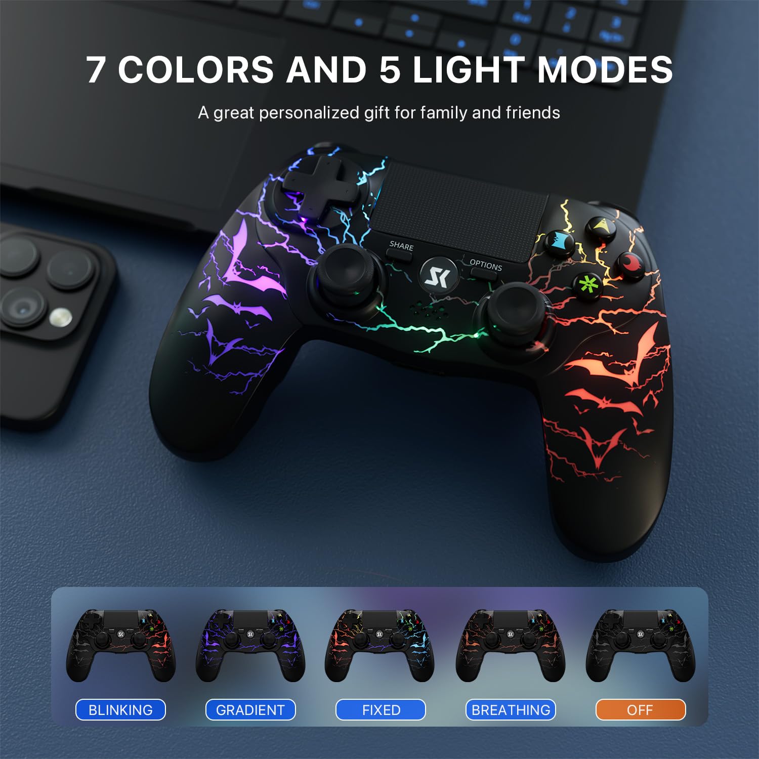 CHENGDAO 2er-Pack Kabelloser Controller für PS4, Multi-Plattform Controller kompatibel mit PS4/Pro/Slim/PC/iOS/Android/MacOS 3,5-mm-Audio-Buchse/empfindlichem Touchpad (Schwarz & Weiß) 2