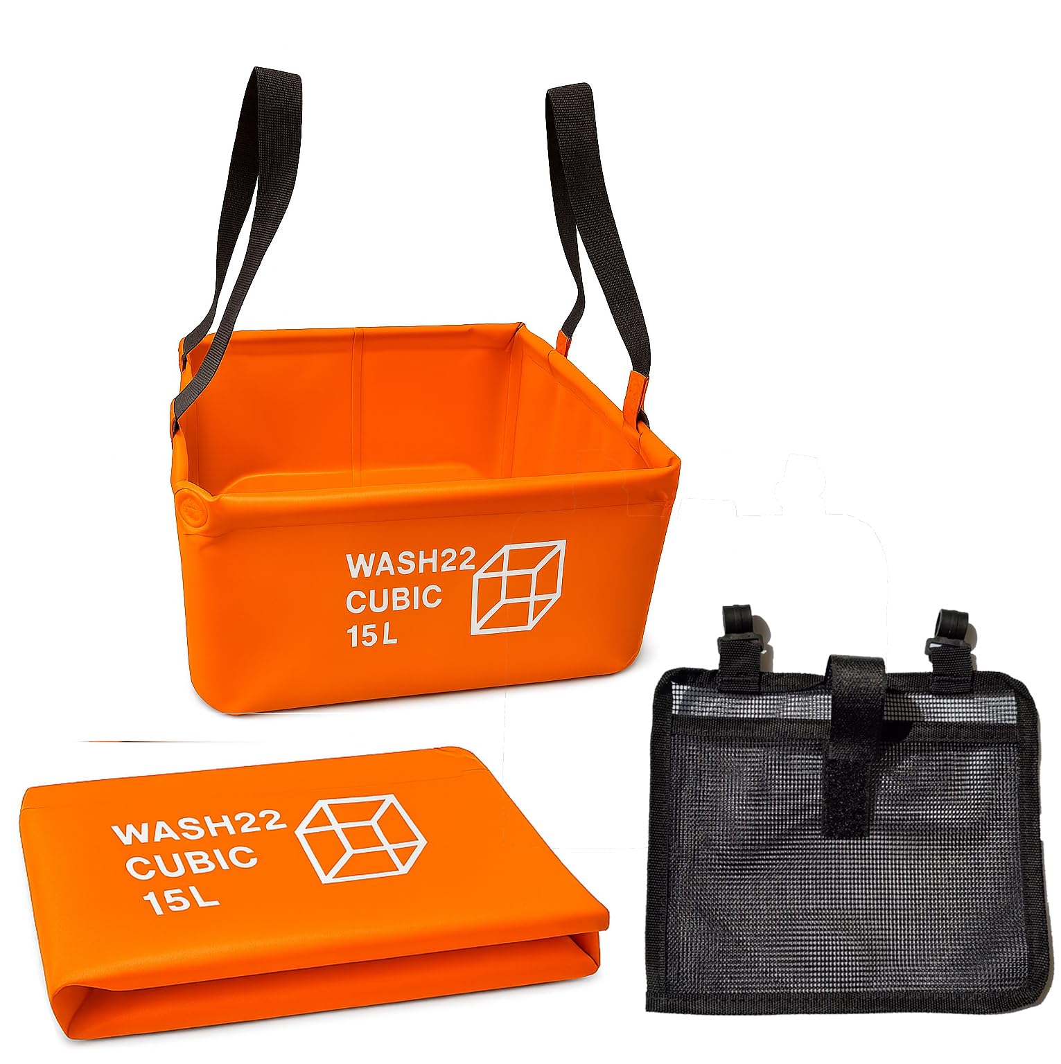 WASH22 Cubic 15L Collapsible Camping Bucket with Mesh Storage Bag – Orange