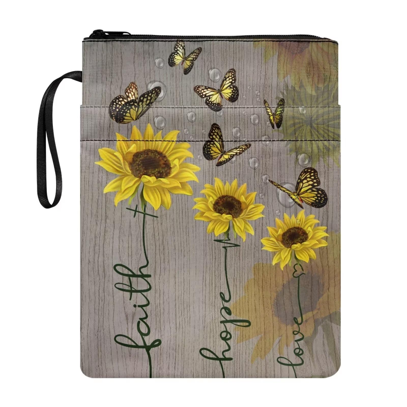 ZIATUBLES Sunflower Butterfly Print Book Sleeves with Zipper, Travel Book Protector Pouch for Paperbacks & Hardcover Books, Book Covers Carry Case with Front Pocket for Book Lovers