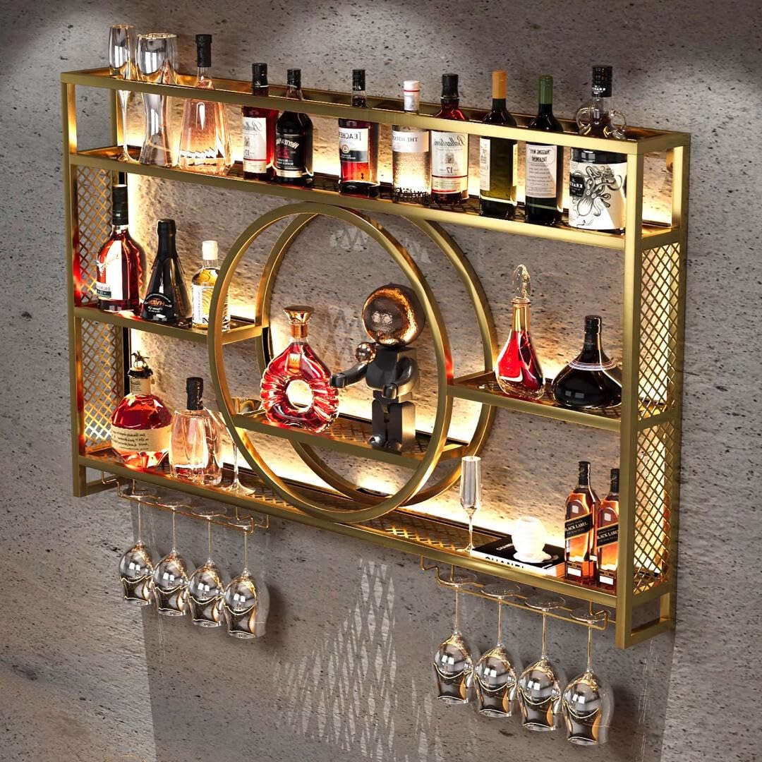 GWLQRTXV X3 55in Wine Rack with LED Lighting Wall Mounted Glass Holder ...