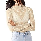 Lace Long Sleeve Tops for Women Mock Neck Sheer Mesh Shirts Top See Through Lace Going Out Tops