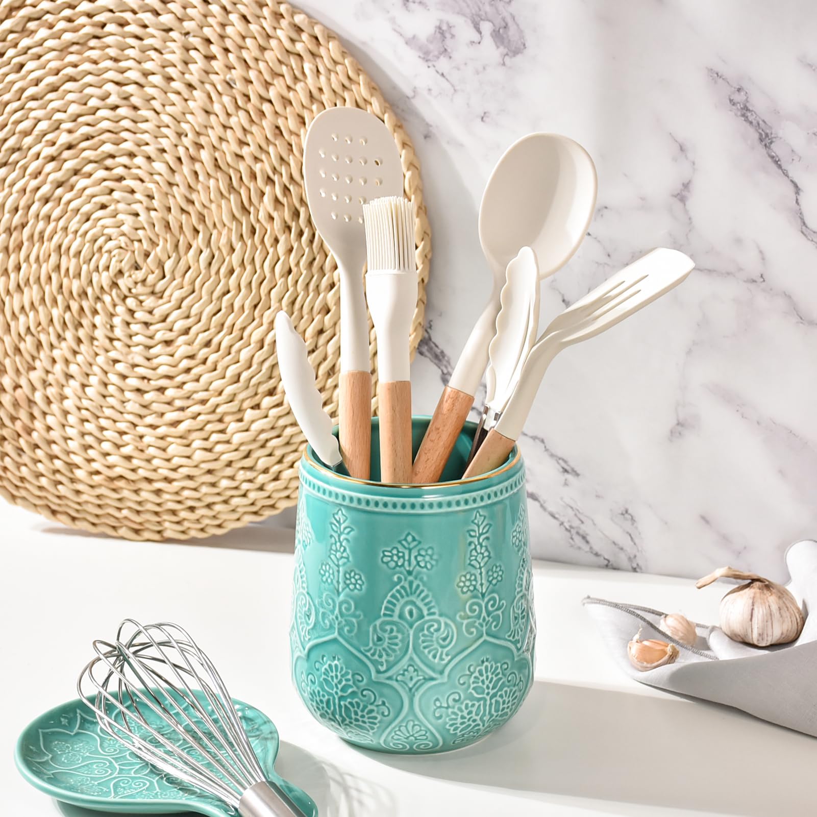 Lunaicorn Utensil Holder, Large Utensil Holder for Kitchen Counter, 6.5”Ceramic Cooking Utensil Organizer, Kitchen Decor for Counter (Turquoise)