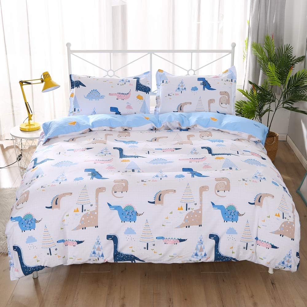 ENCOFT Dinosaur Bedding White and Blue Reversible 100% Cotton Lightweight 2 Pieces Kids Duvet Cover Set for Boys and Girls Twin Size, No Comforter (Twin, White)