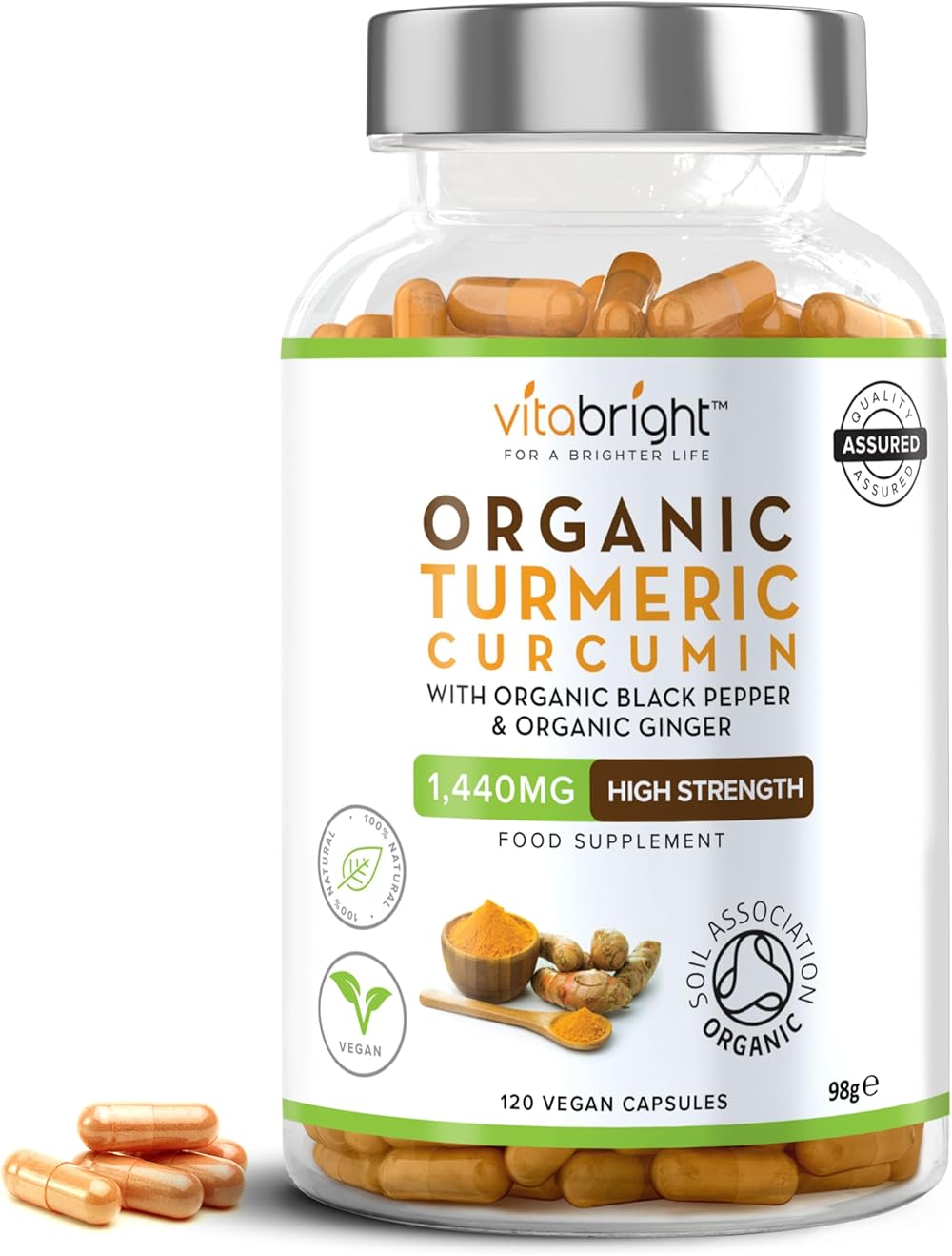 VitaBright Turmeric Curcumin 1440mg 120 Tablets Organic Ginger Black Pepper