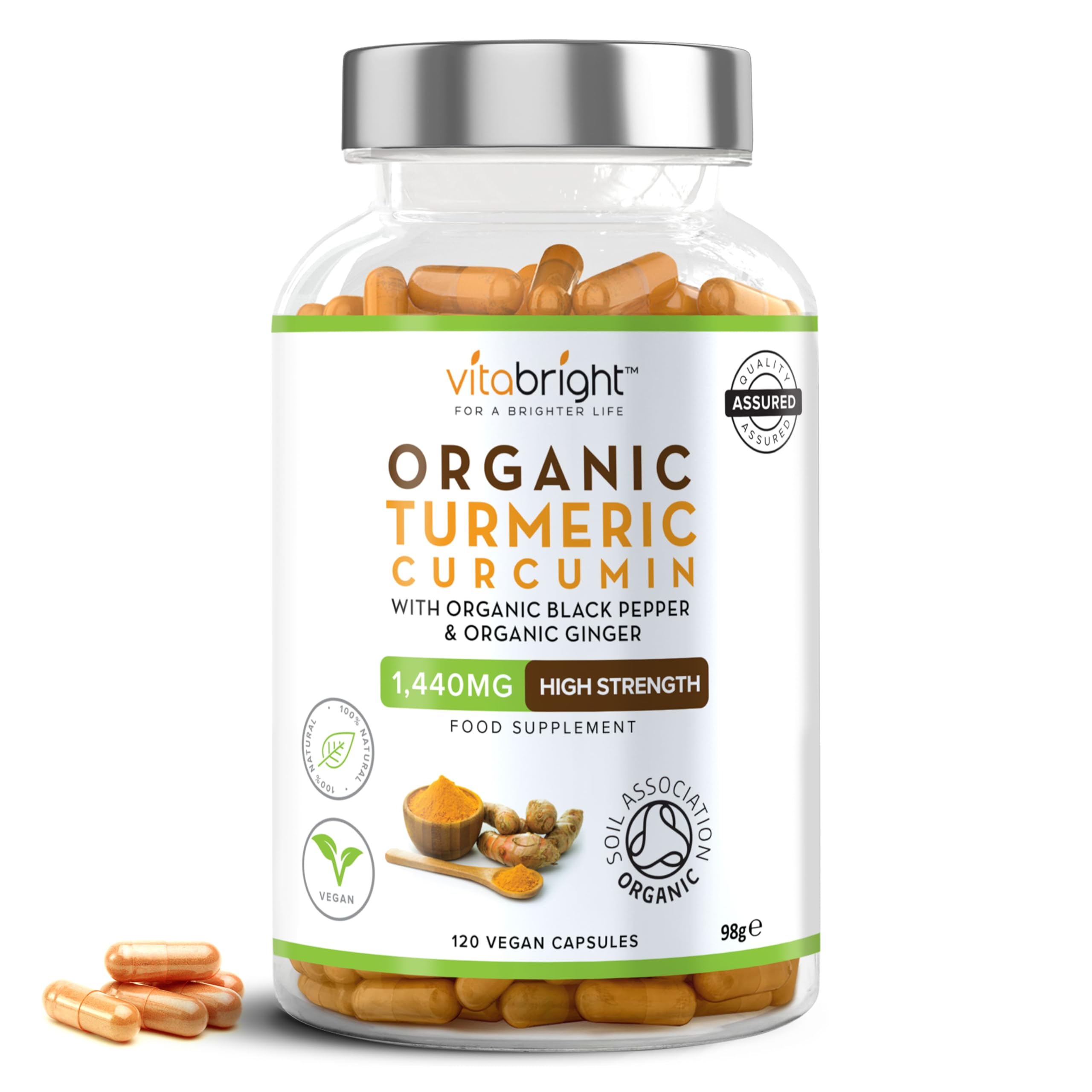 Turmeric and Black Pepper Capsules | 1440mg Dose | 120 Tablets | 2 Month Supply | 2 A Day | Herbal Supplements | High Strength Curcumin | VitaBright Organic Tumeric Supplement