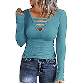 HERILIOS Women Casual Long Sleeve Tunic Tops V-Neck T Shirts Criss Cross Ribbed Casual Tee Slim Fitted Fall Blouse