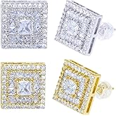 LuReen Earring Studs for Men Women - 18K Gold Plated Cubic Zirconia Stud Earrings Set, Iced Out CZ Studs, Simulated Diamond Halo Earrings (2 Pairs)