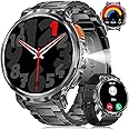 FOXBOX 1.85" IPS Ultra Screen Smartwatch with LED Flashlight for Android iOS, 55mm Military Smart Watches for Men, IP68 Waterproof, Make/Answer Call, 24H Heart Rate, 730mAh, 100+ Sports, Metal Strap