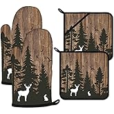 Deer Forest Wood Grain Oven Mitts and Pot Holders Sets Heat Resistant 4Pcs Potholders Oven Gloves Hot Pads for Kitchen Baking Cooking Grilling BBQ