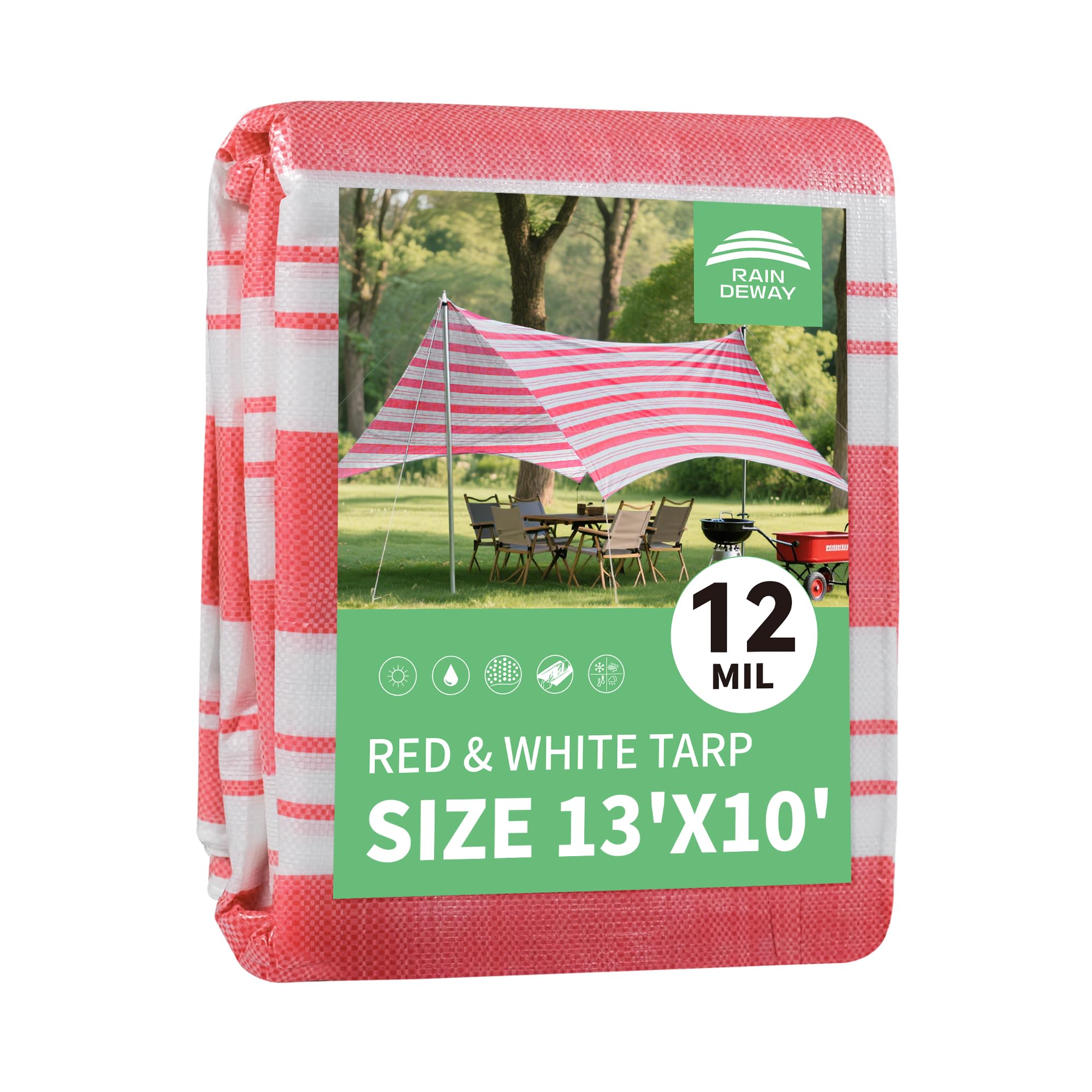 RAINDEWAY Tarps 10x13 Feet,12 Mil Sunshade Striped Tarp Waterproof,Multipurpose Poly Tarp Cover with Grommets and Reinforced Edges,Red/White Tarps Image