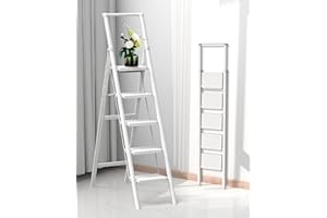 COROCO 5 Step Ladder, Folding Step Stool with Handgrip and Anti-Slip Wide Pedal, Portable Stepladder for Kitchen, Home, Library, Office (300 lbs Capacity) - White