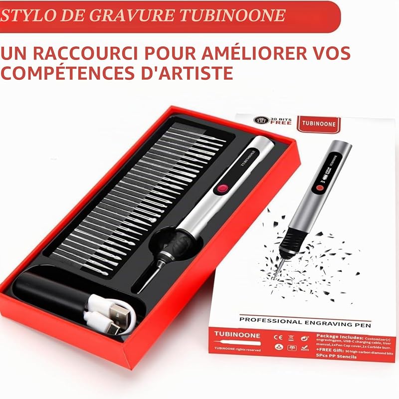 Stylo de gravure portable sans fil ultime pour artistes et amateurs de bricolage - Gravure sur plus de 50 surfaces - Convient aux débutants - Rechargeable - Comprend 30 embouts et
