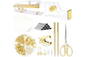Gold Office Supplies,UPIHO Gold Desk Accessories,Stapler and Tape Dispenser Set with Large Stapler,Tape Dispenser, Staple Remover, Staples, Clips,Scissor,Pen and Sticky Notes,Gifts for Office Clerks