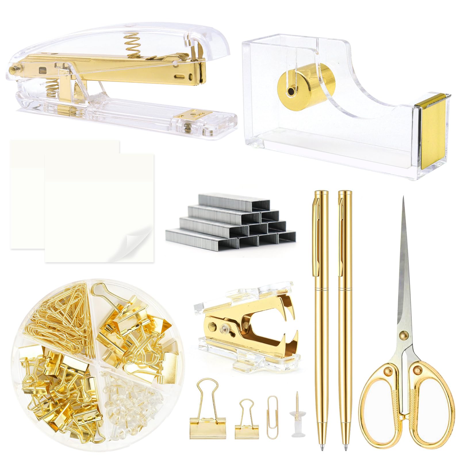 Gold Office Supplies,Gold Desk Accessories,Stapler and Tape Dispenser Set with Stapler,Tape Dispenser, Staple Remover, Staples, Clips,Scissor,Ballpoint Pen and Sticky Notes,Gifts for Office Clerks
