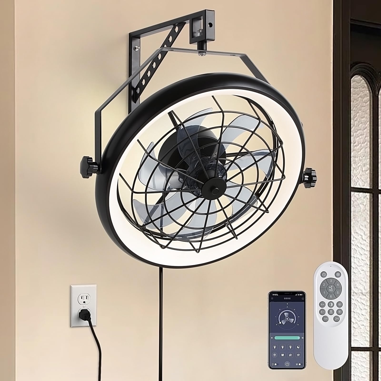 Photo 1 of 23" Wall Mount Fan with Remote App Control, Quiet 6 Speed Wall Mounted Fan with Light and Timer, 3 Color Dimmable, 360° Adjustable Tilt Plug in Ceiling Fan for Garage, Home, Greenhouse, Patio
