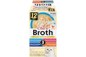 INABA Churu Broth for Cats, Side Dish Pouch, 1.4 Ounces per Pouch, 12 Pouches, Chicken & Seafood Variety