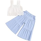 VISGOGO Toddler Baby Girls Summer Outfit Sleeveless Lace Embroidery Clothes Toddler Kids Tank Tops Bell-bottom Pants Set