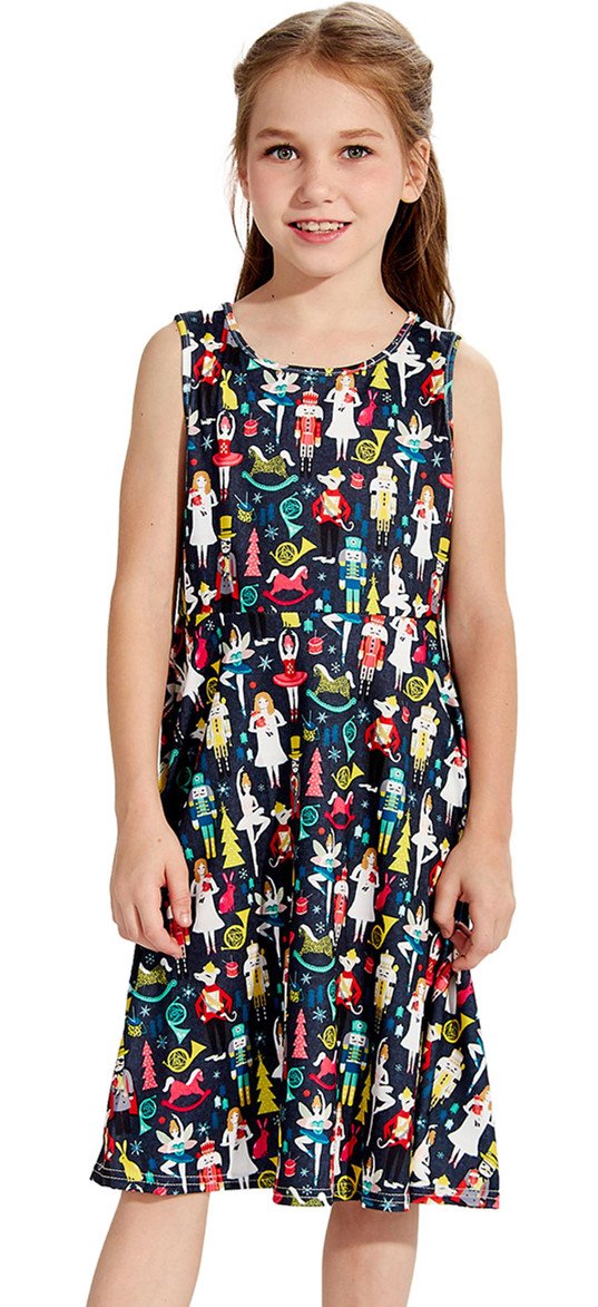 BFUSTYLE Active Primary School Girls Swing Cozy Knee-Length Gown Dresses Sleeveless Summer Dress for Vacation Holiday Trip (XL,Dancing Girl)