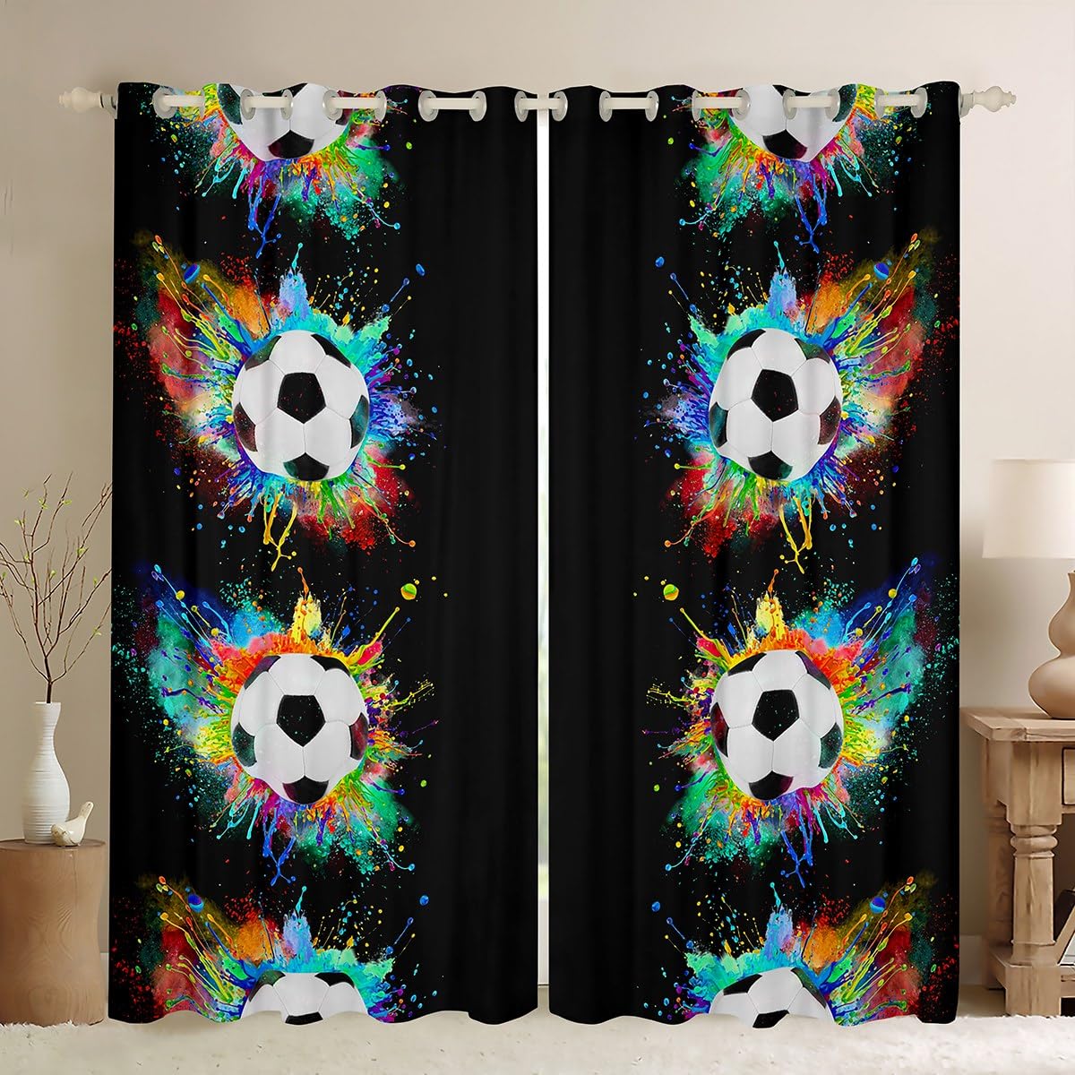 Homemissing Football Curtains for Bedroom Living Room Kids Soccer Ball Pattern 30%-50% Blackout Curtains Boys Girls Hip Hop Darkening Drapes Sports Theme Black Window Treatments W46*L54