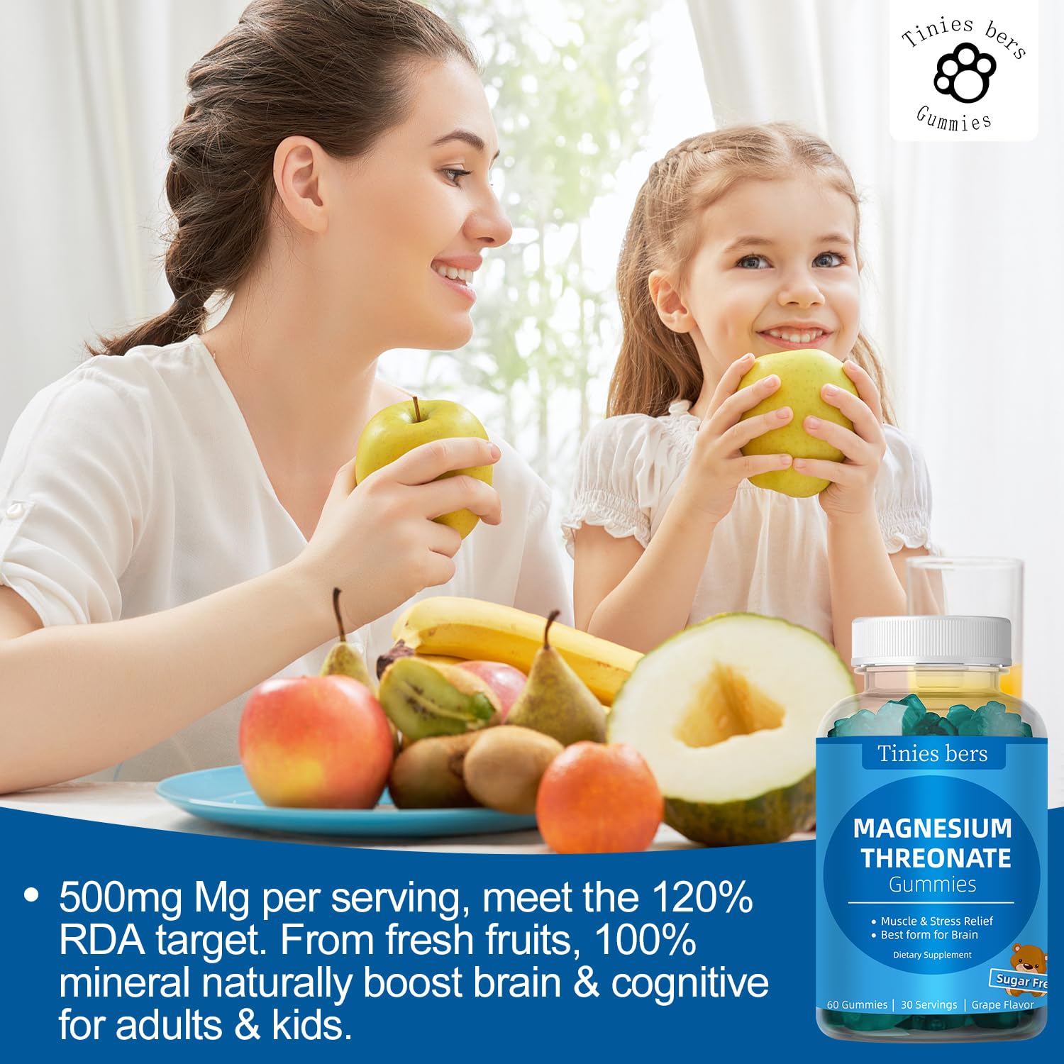 Magnesium Threonate Gummies 500mg and Potassium Magnesium Gummies, Sugar Free for Adults and Kids, Fruits Flavor, Vegan, Pectin, Non-GMO, Gulten Free