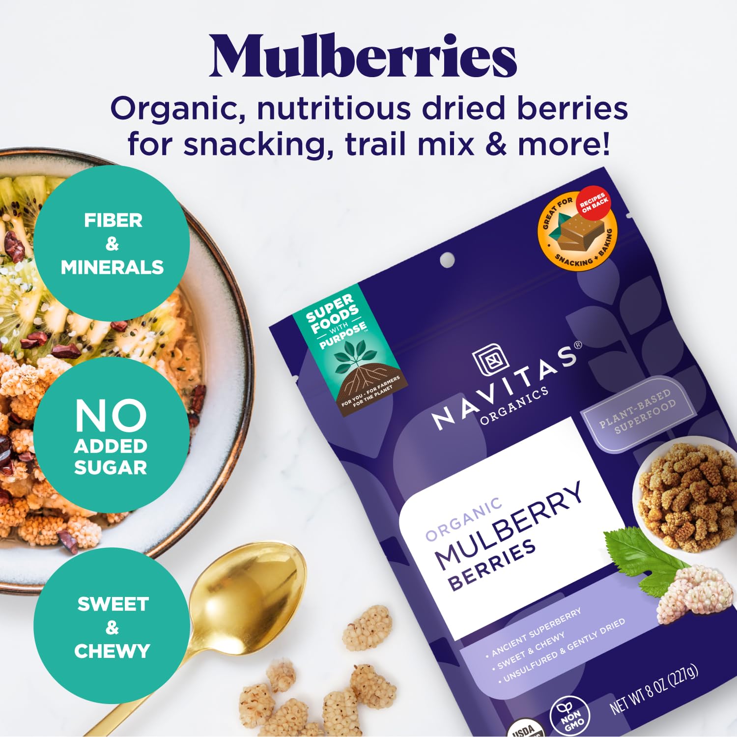 Navitas Organics Mulberries – For Healthy Snacks, Topping, Baking & More – Sun Dried White Turkish Mulberries – No Added Sugar – USDA Organic, Non GMO, Gluten Free, Vegan (8oz. Bag, 8 Servings)