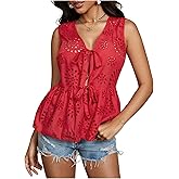 GORGLITTER Women's Tie Front Babydoll Tops Eyelet Bow Deep V Neck Sleeveless Ruffle Peplum Blouse Summer Trendy 2025