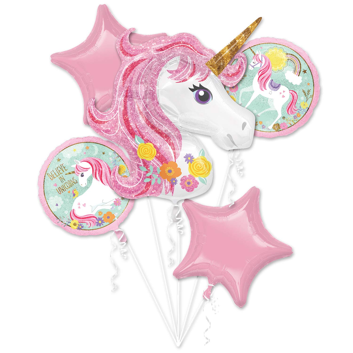 amscan Pink Stars Magical Unicorn Bouquets Foil Balloons-1 PC, Multicoloured