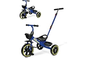 KRIDDO 2-in-1 Toddler Tricycle for Ages 18 Months to 5 Years Old - Extended Push Handle for Effortless Push, Gift Trike for Toddler 3 to 5 Year, Kids Tricycle with Foldable Front Footrest, Blue