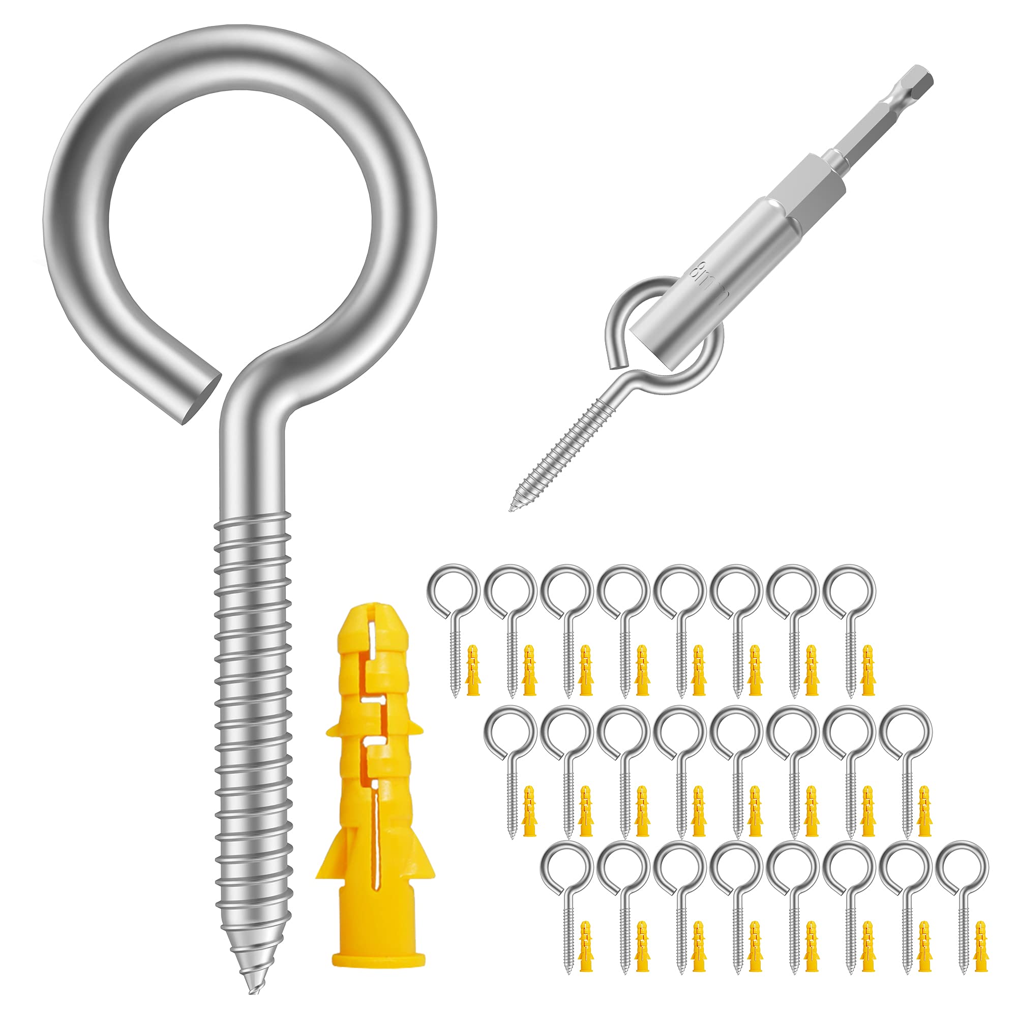 HXLPAY 2” 26 Pack 304 Stainless Steel,Screw Eyes Heavy Duty Screw in Eye Hooks Ring, Yoga & Brazilian Hammocks, Self Tapping Screws,Eye Bolt (1 pcs 1/4'' hex Shank Wing nut Driver)
